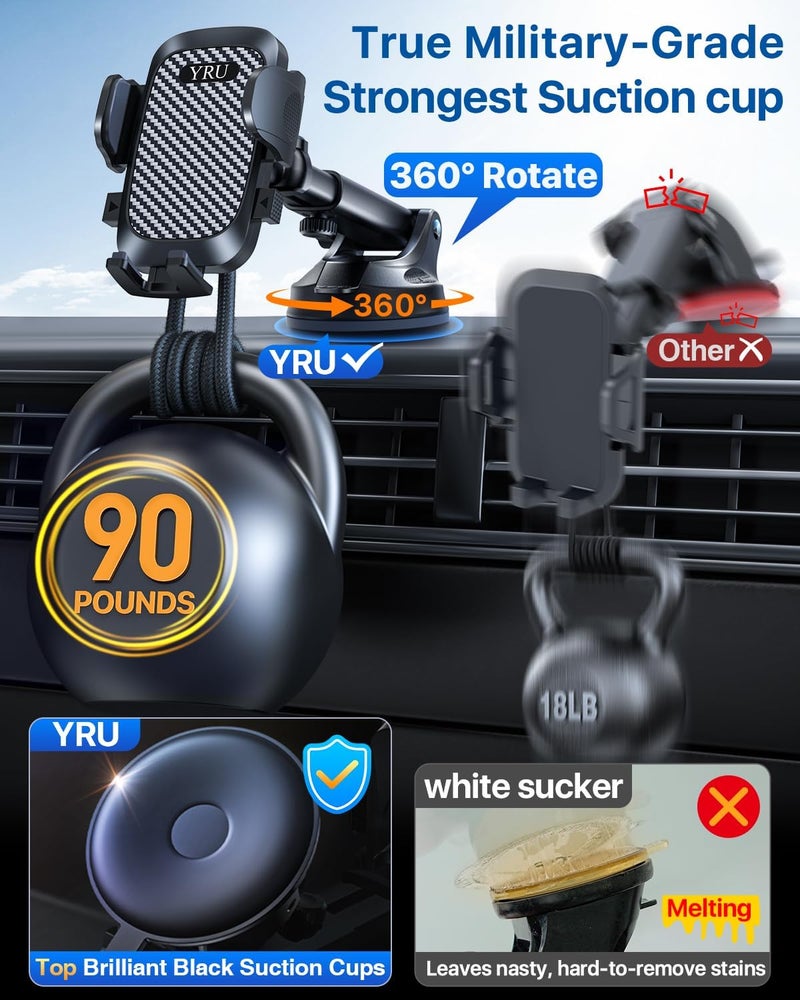 YRU True Military-Grade [360° Rotation Suction] 2026 Ultimate Car Phone Holder Mount 【90+LBS Safest Strongest & Patent Certs】 Dashboard Windshield Vent for iPhone 17 16 Pro Max Samsung, Gloss Black - Image 2